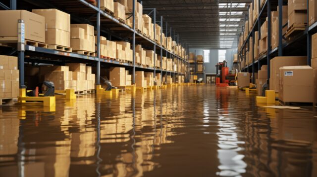 Flooded warehouse with business property being flooded. Why businesses need flood insurance.