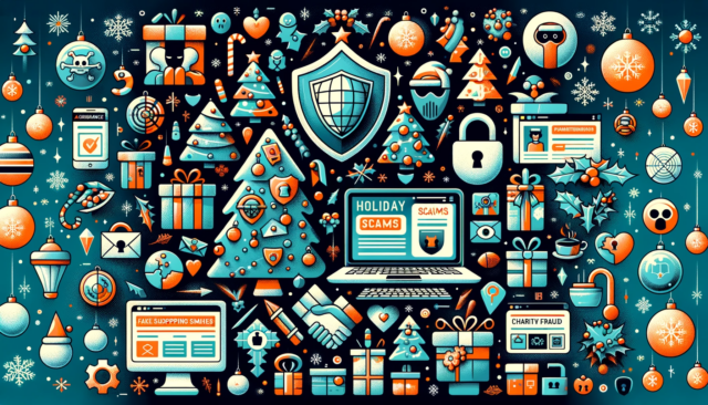 Panoramic cover image for a blog on Holiday Scams, featuring festive visuals mixed with symbols of online threats and security, including the Huff Insurance logo, emphasizing vigilance during the holiday season