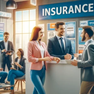 Insurance office with smiling agents interacting with happy clients, surrounded by colorful brochures and signs, depicting a welcoming and competitive environment typical of a soft market at Huff Insurance