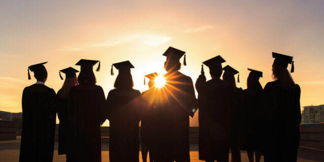 Graduates in silhouette facing a radiant sunset, symbolizing new beginnings and the importance of understanding graduation party risks, a key insurance concern highlighted by Huff Insurance