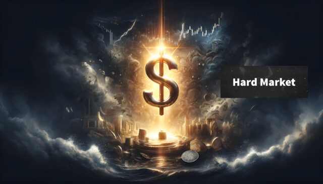 An illustration of a hard market in the insurance industry. The image features a large golden dollar sign illuminated amidst dark storm clouds and turbulent waves, symbolizing financial challenges and high risks. A graph and scattered coins further emphasize the economic tension. The text 'Hard Market' is displayed prominently on the right side