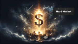 An illustration of a hard market in the insurance industry. The image features a large golden dollar sign illuminated amidst dark storm clouds and turbulent waves, symbolizing financial challenges and high risks. A graph and scattered coins further emphasize the economic tension. The text 'Hard Market' is displayed prominently on the right side