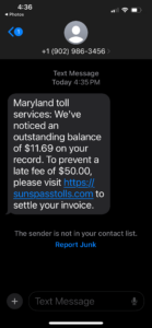 Example of a Maryland Toll Services scam text message received by Jerry Nicklow, claiming an outstanding balance and urging the recipient to visit a fraudulent website to settle the invoice.