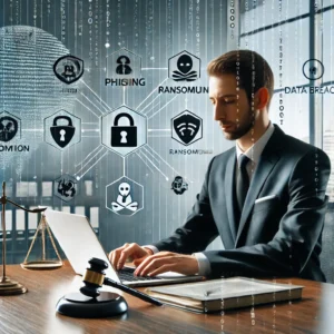 Cyber security for attorneys in Maryland by Huff Insurance. A lawyer working securely on a laptop, surrounded by icons representing various cyber threats such as phishing, ransomware, and data breaches, highlighting the importance of cyber security in legal practice.