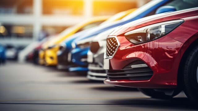 Line of colorful, high-value vehicles parked securely at a dealership, highlighting security measures for vehicle theft prevention in 2023 by Huff Insurance in Maryland