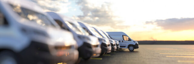 Fleet of business rental vans lined up at sunset - Ensure your business auto insurance covers rental vehicles with Huff Insurance in Maryland