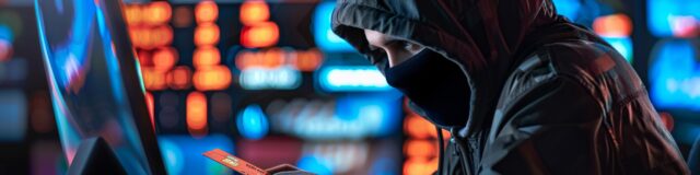 Hooded cybercriminal using a credit card fraudulently against a backdrop of neon lights, highlighting the risks of credit card fraud