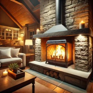  A warm, cozy living room with a lit fireplace and a well-maintained chimney in the background, symbolizing fireplace and chimney safety