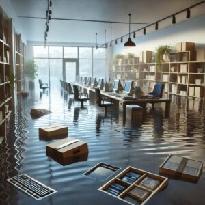 Flooded commercial building with visible water damage, showing partially submerged office furniture and floating inventory items, emphasizing the impact of flooding on businesses