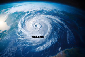 Satellite image of Hurricane Helene forming over the ocean, with a large swirling eye and spiraling cloud bands extending outward. The storm is labeled "Helene" in bold text, emphasizing its presence. The image highlights the intensity and scale of the hurricane, showcasing its potential impact on both coastal and inland areas. Ideal for visual content on natural disasters, storm preparedness, and flood insurance awareness. This visual reinforces the importance of understanding hurricane risk and the need for comprehensive insurance coverage, especially in the aftermath of Hurricane Helene’s unexpected inland flooding.