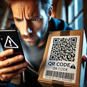 Person scanning a QR code on a mysterious package, highlighting caution around QR code scams. Huff Insurance tips on QR code scams.