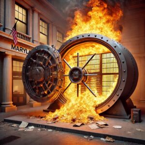 Illustration of a bank vault engulfed in flames, highlighting safe deposit box vulnerabilities during disasters like the LA fires, with Huff Insurance and Maryland protection services featured.